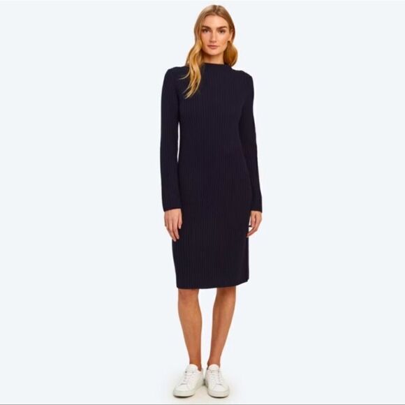 Vince Rib Long Sleeve Crew Midi Dress Coastal Navy Blue Wool Cashmere S - Picture 1 of 8